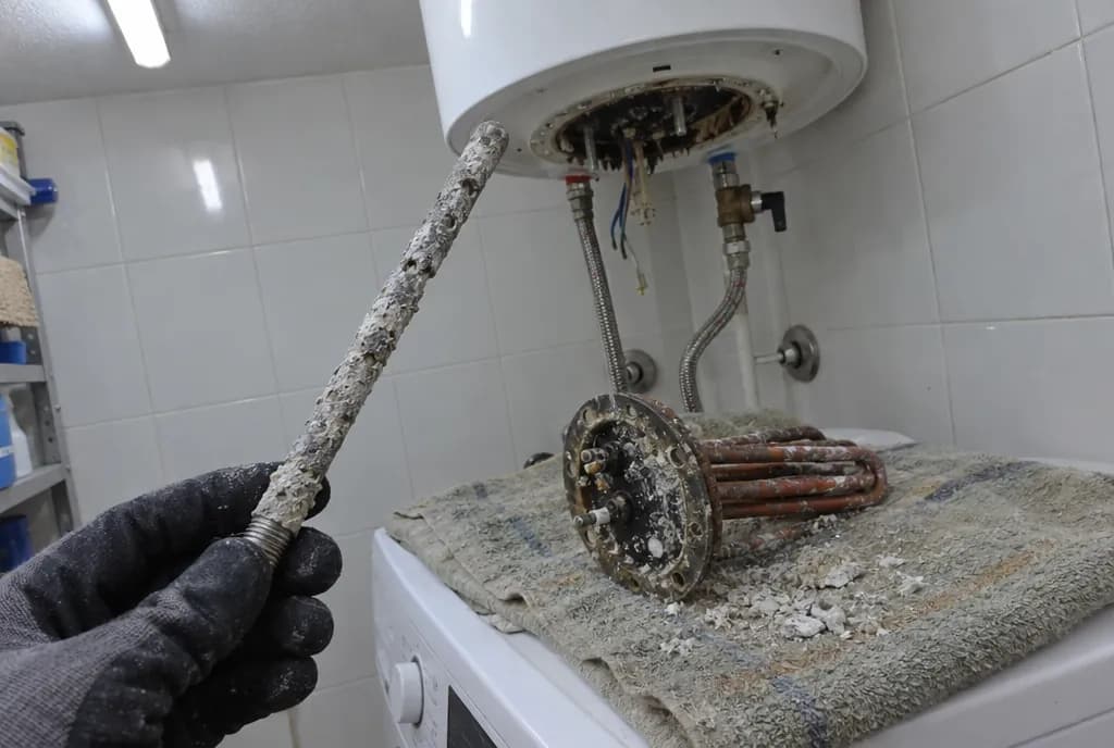 Mano con guante sujetando un ánodo de magnesio muy corroído junto a la brida de una resistencia de termo apoyada sobre una toalla