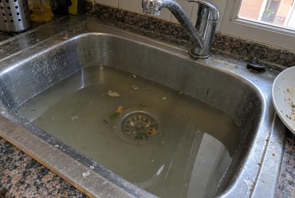 Fregadero de acero inoxidable atascado con agua turbia estancada y restos de comida sobre la rejilla