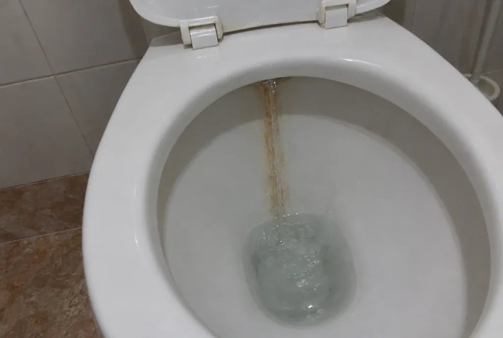Hilo de agua que baja de forma continua por la pared trasera de la taza de un inodoro, con un rastro marrón donde corre siempre