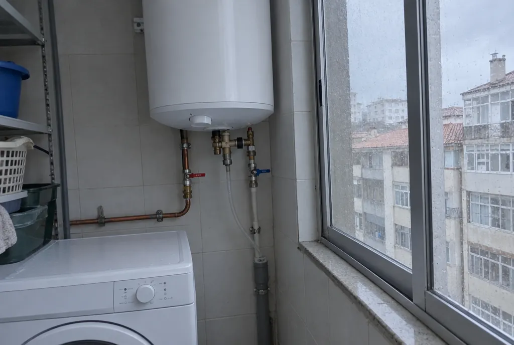 Termo eléctrico blanco colgado en una galería junto a la lavadora, con el grupo de seguridad y su tubo de desagüe