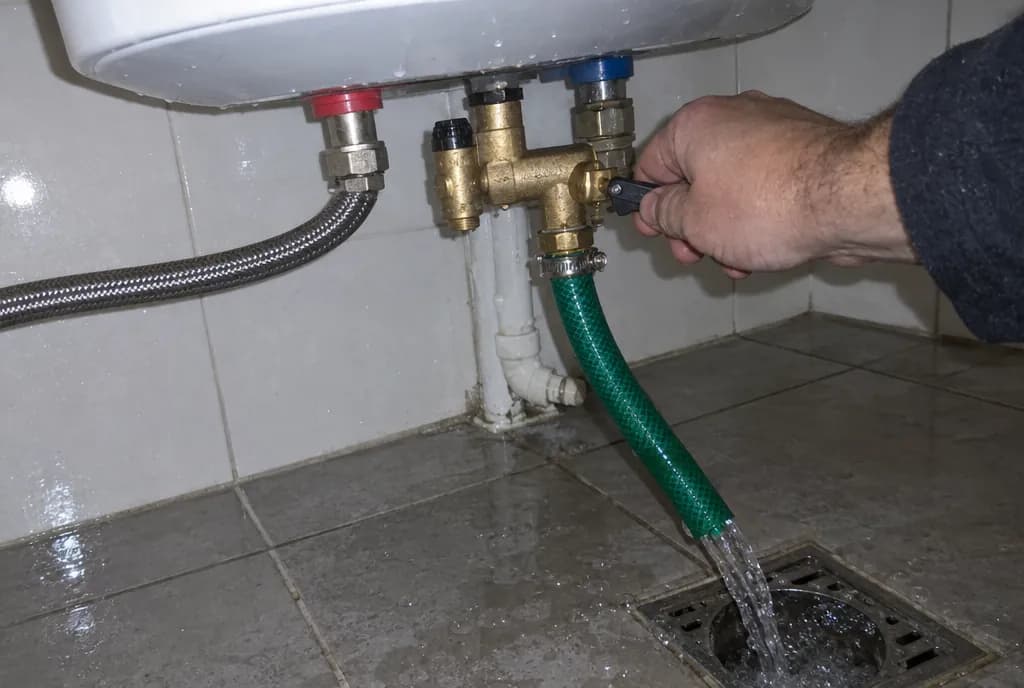 Mano accionando la palanca del grupo de seguridad de latón bajo un termo eléctrico, con una manguera verde que lleva el agua a un sumidero del suelo