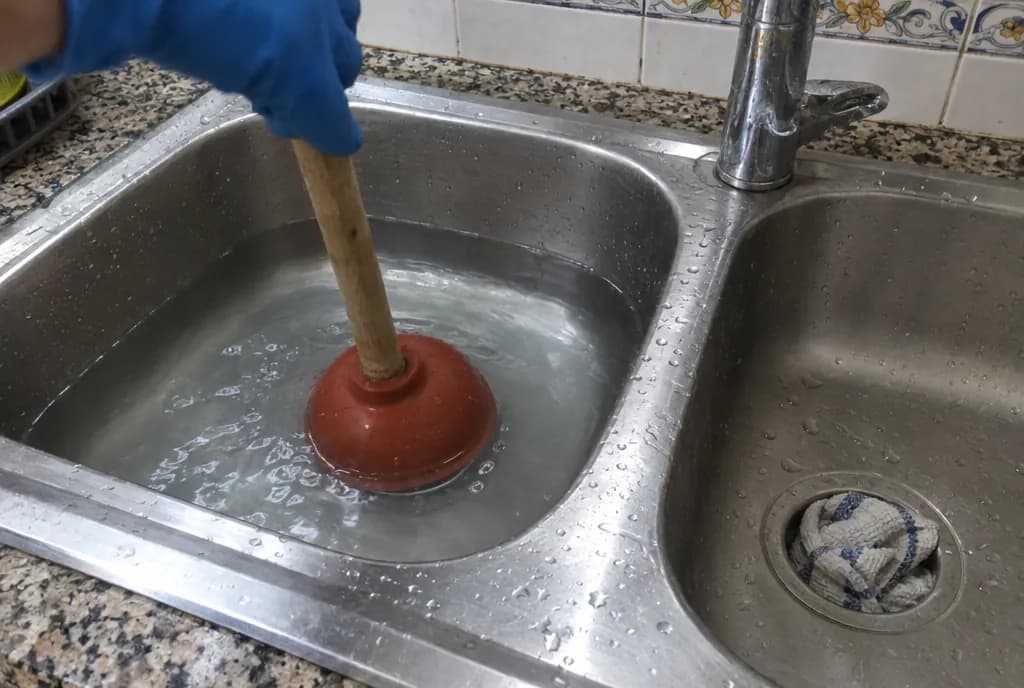 Desatascador de ventosa de goma roja apoyado sobre el desagüe de un fregadero con agua y un trapo tapando el desagüe del otro seno