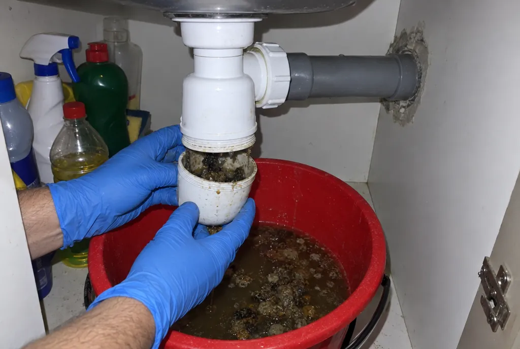 Manos con guantes de nitrilo azules sujetando el vaso desenroscado de un sifón de botella bajo un fregadero, con un cubo rojo debajo lleno de agua con grasa